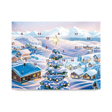 Load image into Gallery viewer, Chocolate Advent Calendar Christmas tree in snowy town and mountains behind
