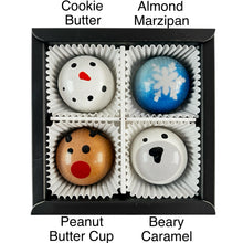 Load image into Gallery viewer, Four colorful chocolates in a black box labeled 'Cookie Butter', 'Almond Marzipan', 'Peanut Butter Cup', and 'Beary Caramel'.