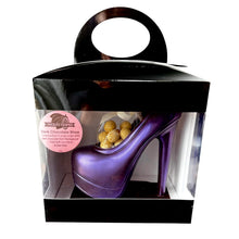 Load image into Gallery viewer, Packaged chocolate shoe with purple high heel design on a white background
