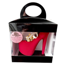 Load image into Gallery viewer, Red chocolate shoe in a clear packaging box with a black lid.
