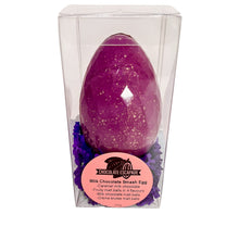 Load image into Gallery viewer, Purple chocolate egg in a clear packaging with a label on a white background

