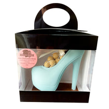 Load image into Gallery viewer, Tiffany Blue high-heeled shoe filled with creme brulee bites in a clear packaging box.
